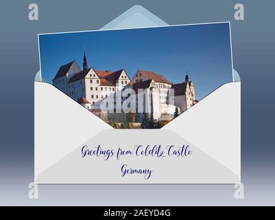 Eine geöffnete Umschlag mit einem Foto und Bildunterschrift Grüße aus. 1046, erste Colditz Castle in der Nähe von Leipzig, Sachsen, Deutschland, Europa dokumentiert. Stockfoto