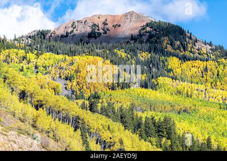 Blick vom Schloss Creek Road von grün gelb Laub Aspen in Colorado Rocky Mountains Herbst peak Stockfoto