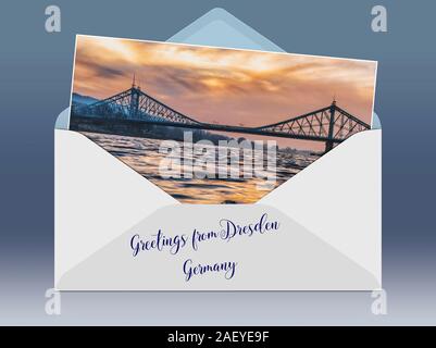 Eine geöffnete Umschlag mit einem Foto und Bildunterschrift Grüße aus. Blick über die Elbe auf die loschwitzer Elbbrücke "Blaues Wunder", eröffnet 1893, Dr Stockfoto