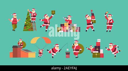 Set Weihnachtsmann in unterschiedlichen Posen frohe Weihnachten Frohes neues Jahr Urlaub feier Konzept voller Länge horizontale Vektor illustration Stock Vektor