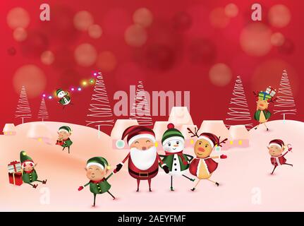 Frohe Weihnachten. Sammlung lustiger Fröhlicher Schneemann, kleinen Elfen, Weihnachtsmann, Rentier. Urlaub Grußkarte. Weihnachten Zeichen isoliert auf Stock Vektor