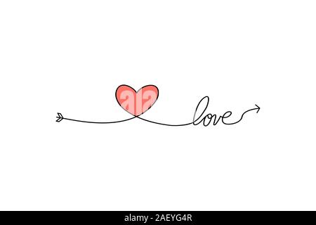 Cupid s Pfeil in die kontinuierliche Erstellung von Zeilen in der Form eines Herzens und der text Liebe in einer flachen Stil. Durchgehende schwarze Linie. Flaches Design Arbeiten Stock Vektor