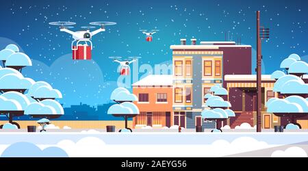 Lieferung Drohnen Durchführung Geschenk Geschenk Boxen frohe Weihnachten Frohes neues Jahr Winterurlaub Luftpost Konzept moderne verschneite Straße der Stadt Stadtbild horizontale Vektor illustration Stock Vektor