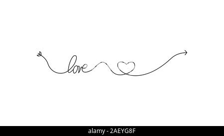 Amors Pfeil in der kontinuierlichen Zeichnen von Linien in der Form eines Herzens und der Text der Liebe in einem flachen Stil. Durchgehende schwarze Linie. Flaches Design Arbeiten Stock Vektor