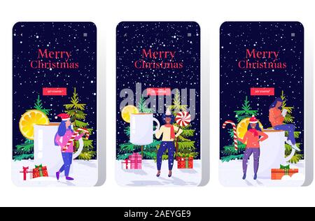 Mädchen halten Süßigkeiten Lutscher in der Nähe von Weihnachten trinken Glühwein Winterurlaub feier Konzept smartphone Bilder online mobile App in voller Länge Grußkarte horizontale Vektor Abbildung Stock Vektor