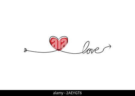 Cupid s Pfeil in die kontinuierliche Erstellung von Zeilen in der Form eines Herzens und der text Liebe in einer flachen Stil. Durchgehende schwarze Linie. Flaches Design Arbeiten Stock Vektor