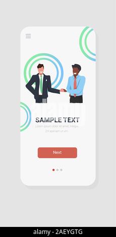 Business Männer Hände schütteln Mix rennen Geschäftsleute paar Hand schütteln erfolgreiches Abkommen deal Konzept der Partnerschaft der Bildschirm des Smartphones online mobile App portrait vertikale Vektor illustration Stock Vektor
