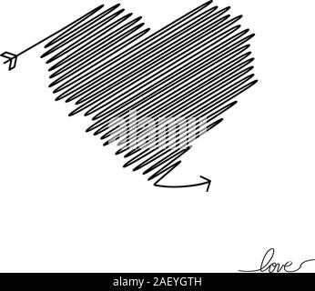 Amors Pfeil in die kontinuierliche Erstellung von Zeilen in der Form eines Herzens, das in einer flachen Stil. Durchgehende schwarze Linie. Flaches Design arbeiten. Symbol der Liebe und der Stock Vektor