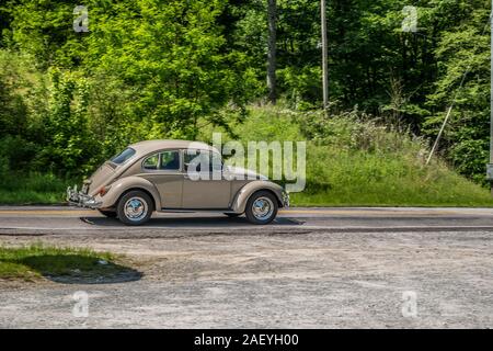 In einem restaurierten 1960er VW Käfer in Beige gehen die Straße hinunter in Bewegung mit dem Chrom glänzend Im sehr sonnigen Tag im Frühling Stockfoto