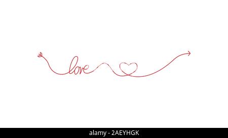 Amors Pfeil in der kontinuierlichen Zeichnen von Linien in der Form eines Herzens und der Text der Liebe in einem flachen Stil. Durchgehende schwarze Linie. Flaches Design Arbeiten Stock Vektor