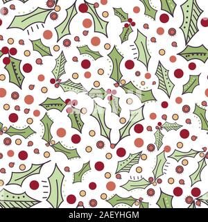 Holly Blätter und Beeren auf weißem Hintergrund, verstreute nicht Richtungsvektor Oberfläche Muster wiederholen Design Stock Vektor