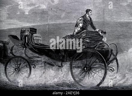 Staub kicking von Rädern, ein feines Paar blickt zurück aus dem Schlitten buggy gekleidet. 1800s Kleidung und Kleidung, Zeichnung Stockfoto