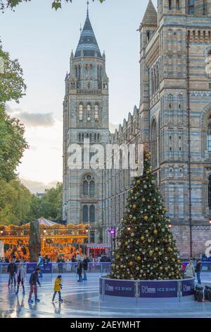 Weihnachtsbaum und Eislaufplatz mit unbekannter Skater und Touristen außerhalb des National History Museum in London. Stockfoto