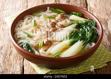 Leckere Nudelsuppe mit Pilzen, grüne Zwiebeln und Bok choy closeup in einer Schüssel auf dem Tisch. Horizontale Stockfoto