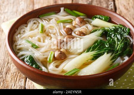 Chinesische Nudelsuppe mit Pilzen, Zwiebeln und Bok choy closeup in einer Schüssel auf dem Tisch. Horizontale Stockfoto