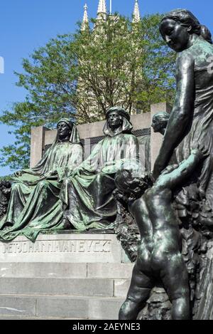 Denkmal zu Ehren der Brüder van Eyck, Jan und Hubert, Maler der Genter Altarbild/Anbetung der mystischen Lamm, Gent, Flandern, Belgien Stockfoto