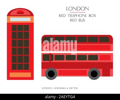 Bunte Vektor rote Telefonzelle und roten Bus Illustration, berühmten Sehenswürdigkeiten von London, England. Vektor flachbild Abbildung auf weißen Ba isoliert Stock Vektor