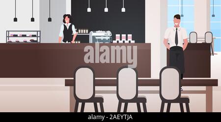 Männliche Kellner mit weiblichen Barista gemeinsam Mann Frau in Uniform in der Nähe von Zähler Schreibtisch modernes Cafe innere horizontale voller Länge Vektor illustration Stock Vektor