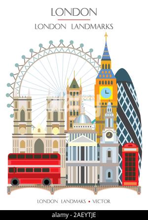 Bunte vektor Illustration der berühmten Sehenswürdigkeiten von London, England. Vector Illustration auf weißem Hintergrund. Lieferbar Abbildung: Stock Vektor