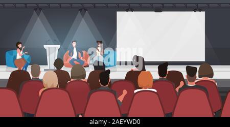 Business Leute sitzen auf Sitzsäcken, Rede auf der Konferenz treffen moderne Sitzungssaal Interieur voller Länge horizontale Vektor illustration Stock Vektor
