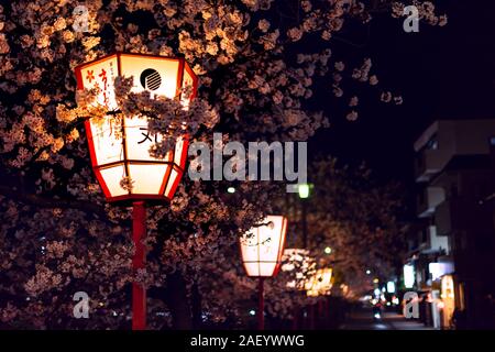 Kyoto, Japan - April 9, 2019: Nahaufnahme von roten Papier Laternen leuchten mit Cherry Blossom Blüte Bäume am Fluss Kamo glühende während Hanami Festival Stockfoto