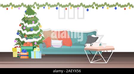 Modernes Wohnzimmer mit Tannenbaum für Weihnachten feier Konzept horizontale home appartement innenraum Vektor-illustration eingerichtet Stock Vektor