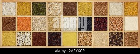 Muster von rohem Getreide, Bohnen und Samen, Ansicht von oben Textur, Mix aus Grütze in eckigen Holzkasten Stockfoto