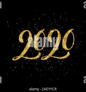 Frohes Neues 2020 Jahr Grußkarte mit handdrawn Schriftzug. Gold funkelnde Design. Vector Illustration. Stock Vektor