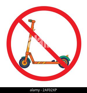 Moderne Motorroller in einem flachen Stil in ein Verbotsschild aufgestellt gezeichnet Stock Vektor