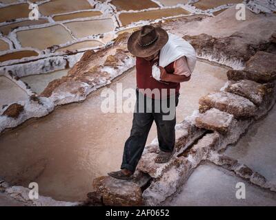 MARAS, PERU - ca. September 2019: Arbeitnehmer mit einem Beutel am Marasal Salzminen in der Nähe des Dorfes Maras in der Region Cusco als Heilige Va bekannt Stockfoto