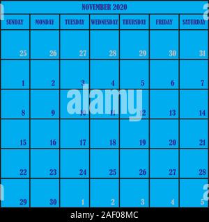 Kalender PLANER MONAT NOVEMBER 2020 auf blauem Hintergrund Stock Vektor