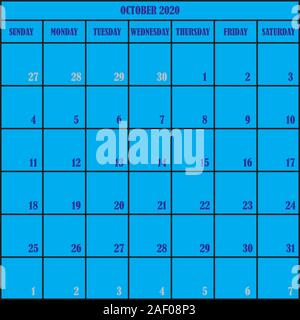 Kalender PLANER MONAT OKTOBER 2020 auf blauem Hintergrund Stock Vektor