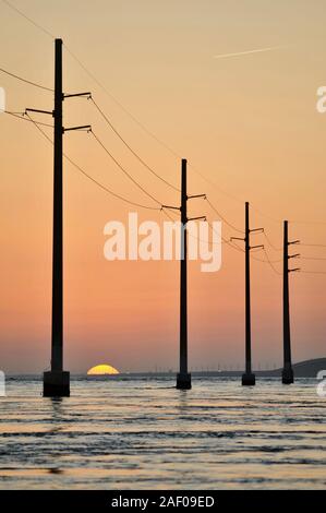 Elektrische Überlandleitungen über dem Atlantik, Silhouetted, während Golden Sunset, neben 7 Mile Bridge (Route 1), Marathon Key, Florida, USA Stockfoto