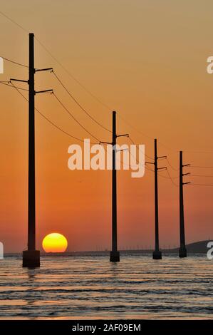 Elektrische Überlandleitungen über dem Atlantik, Silhouetted, während Golden Sunset, neben 7 Mile Bridge (Route 1), Marathon Key, Florida, USA Stockfoto