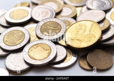 PLN. Polnischer Zloty Münzen. Makro Foto. Geldpolitik Stockfoto