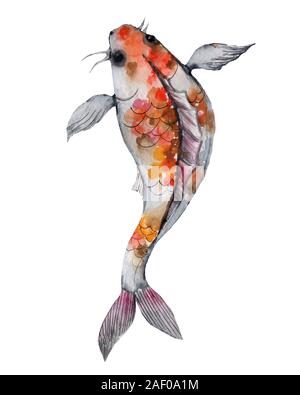 Aquarell orientalische Muster mit Regenbogen Karpfen. Nahtlose orientalische Textur mit isolierten Hand gezeichnete Fische und blossom Cherry. Asiatische natürlichen Hintergrund Stockfoto