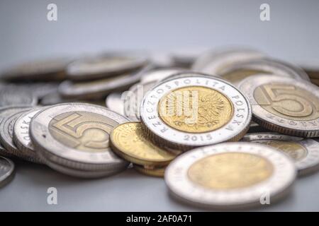 PLN. Polnischer Zloty Münzen. Business Hintergrund Makrofotografie Stockfoto