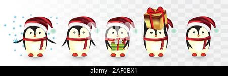 Sammlung von Weihnachten Pinguine isoliert auf transparens Hintergrund. Weihnachten Zeichen. Kleine Pinguine. Pinguine mit Geschenk Geschenke. Icon Set Stock Vektor
