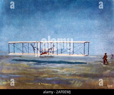 KITTY HAWK Malerei der erste Flug der Gebrüder Wright Flyer, 17. Dezember 1903, in der Nähe von Kitty Hawk in North Carolina Stockfoto