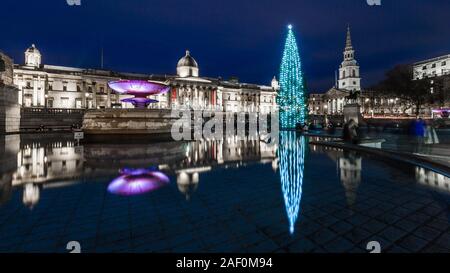 Reflexion der Weihnachtsbaum auf dem Trafalgar Square in London. Stockfoto