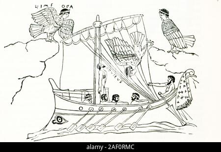 Diese Abbildung stammt aus dem Jahr 1897. Es zeigt die Griechische Trojanischen Krieg Held Odysseus von den Sirenen versucht wird. Es ist auf das Design auf eine Antike Griechische Vase im British Museum. Wenn Odysseus den Sirenen, er musste sich der Mast und die Ohren seiner Männer gebunden blockiert, um zu vermeiden, dass durch Ihre verführerische Songs und fordert, versucht. Stockfoto