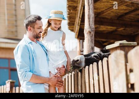 Selektiver Fokus Der glückliche Vater Holding in die Arme süße Tochter in der Nähe von holzzaun in Zoo Stockfoto