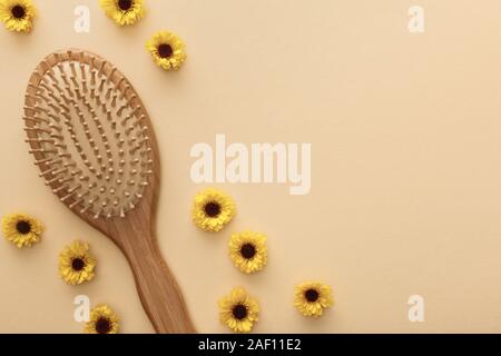 Blick von oben auf die haarbürste auf beigen Hintergrund mit Blumen und Kopie Raum Stockfoto