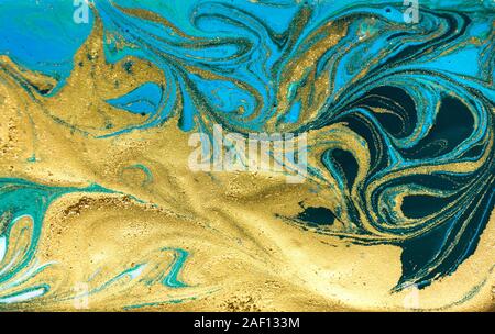 Blau und Gold Marmorierung Welligkeit des Achates. Stockfoto