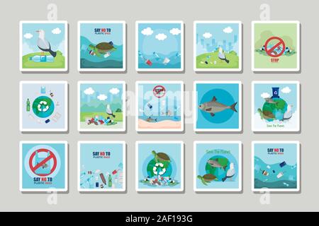 Bundle Labels von sagen Nein zu Plastiktüten und Symbole Stock Vektor