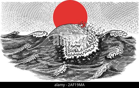 Atlantic Flutwellen. Vintage Sturm. Japanische Landschaft in Richtung rot Sonnenuntergang am Horizont. Hand gezeichnet. Marine und Meer, Ozean Hintergrund für Stock Vektor