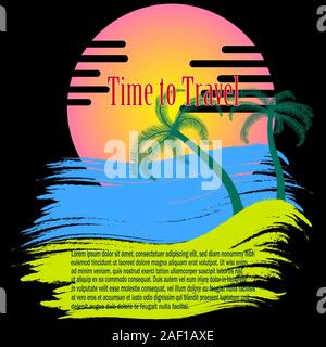 Zeit Poster auf einem schwarzen Hintergrund zu reisen. Sonnenuntergang mit Palmen vector Abbildung auf einem schwarzen Hintergrund. Stock Vektor