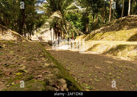 Orange Walk, Belize - November, 16, 2019. Ball Court in Lamanai archäologische Reserve, wo Maya Leute eine Maya Ball Spiel gespielt. Stockfoto