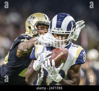 New Orleans, USA. 12 Dez, 2019. Los Angeles Rams wide receiver Brandin Köche (12) Macht ein 36-Yard-Empfang am Ende der ersten Hälfte, bis die Zylinder zum ersten Touchdown gegen die New Orleans Saints im NFC Championship am Mercedes-Benz Superdome in New Orleans am 20. Januar 2019 eingestellt. Foto von Mark Wallheiser/UPI Quelle: UPI/Alamy leben Nachrichten Stockfoto