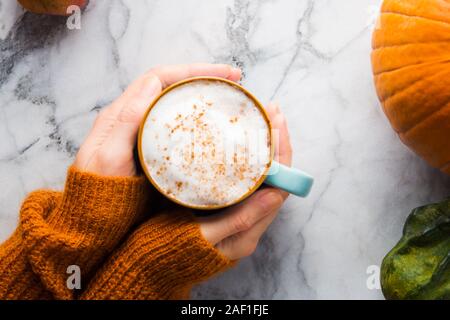 Herbst moody Hintergrund mit Tasse Latte Kaffee und Kürbisse auf Marmor tisch. Flach im Herbst Farben. Weibliche Hände in gemütlichen Pullover Stockfoto